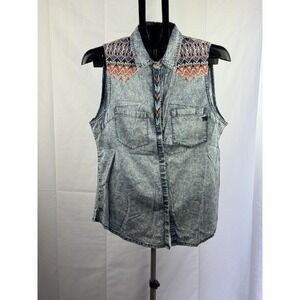 Miss Me Denim Sleeveless Button Up Shirt Womens L Acid Wash Western Boho